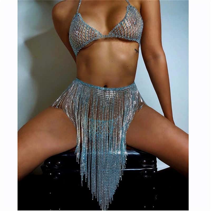 Sparkling Rhinestone Lingerie Set - Blue & Silver Bra & Panties