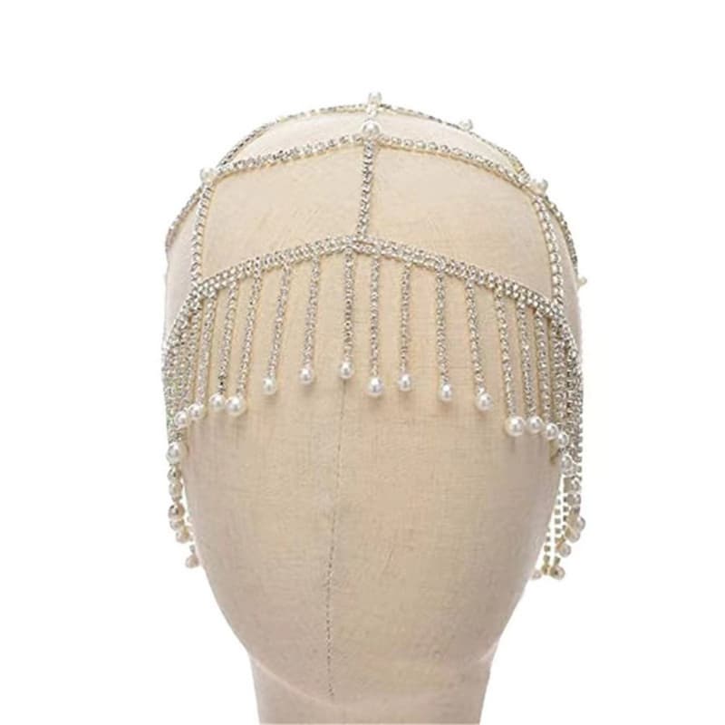 Sparkling Rhinestone Pearl Bridal Hair Chain with Tassels