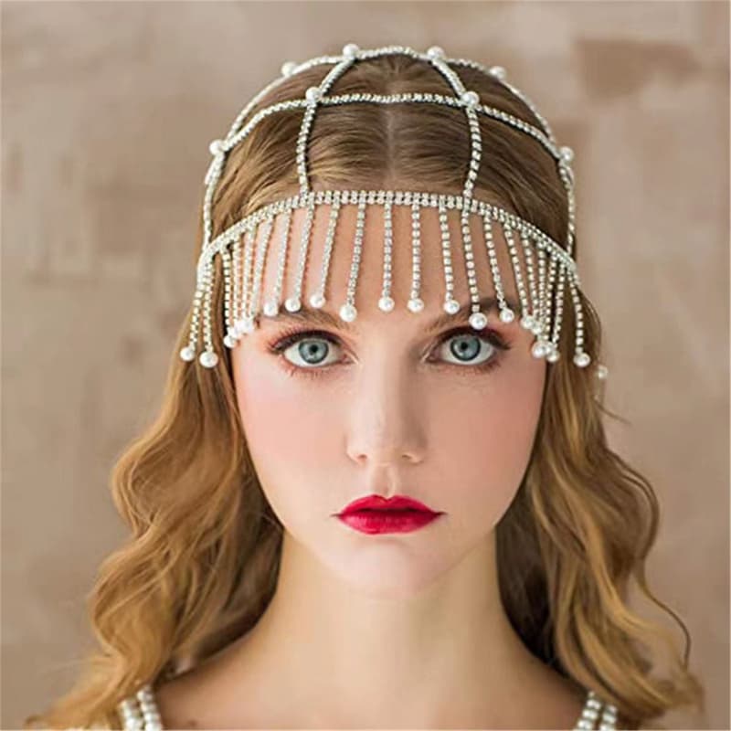 Sparkling Rhinestone Pearl Bridal Hair Chain with Tassels