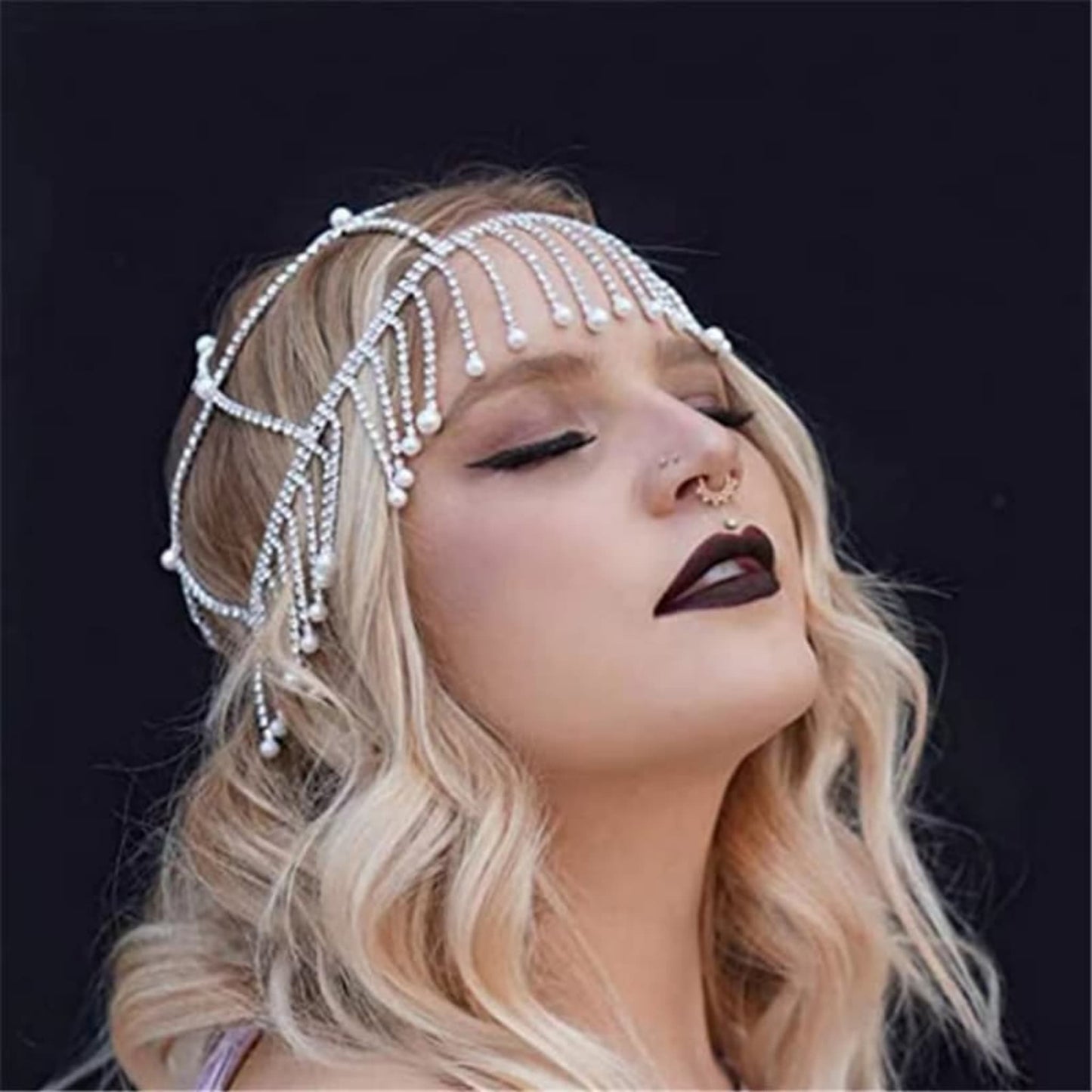 Sparkling Rhinestone Pearl Bridal Hair Chain with Tassels