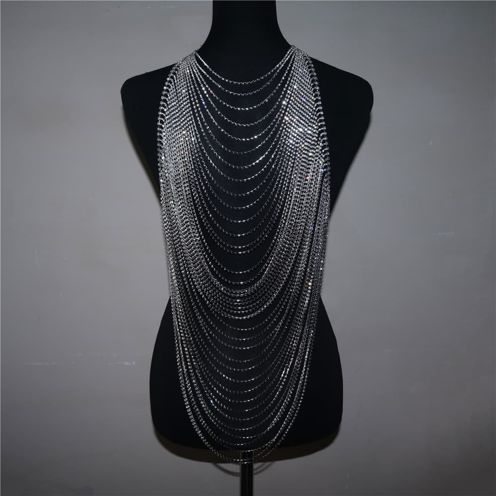 Layered Rhinestone Body Chain Stylish Chest Jewelry Unisex Party Wear