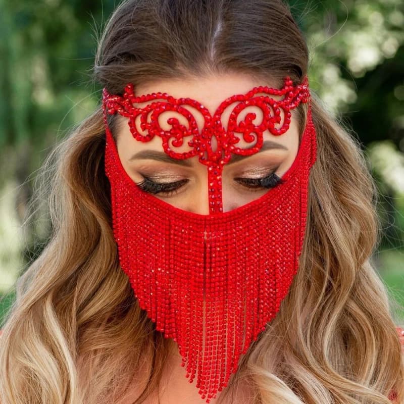 Long Fringe Rhinestone Mask Elegant Full Face Party Accessory for Women
