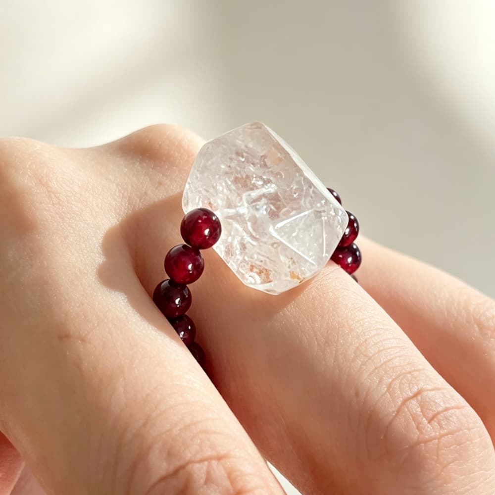 Natural Garnet Crystal Ring with Double Terminated Quartz Point