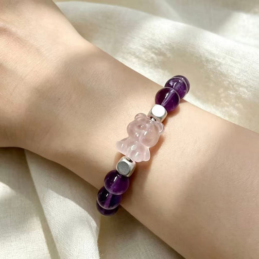 Violet Embrace|Natural Amethyst & Rose Quartz Bear Bracelet
