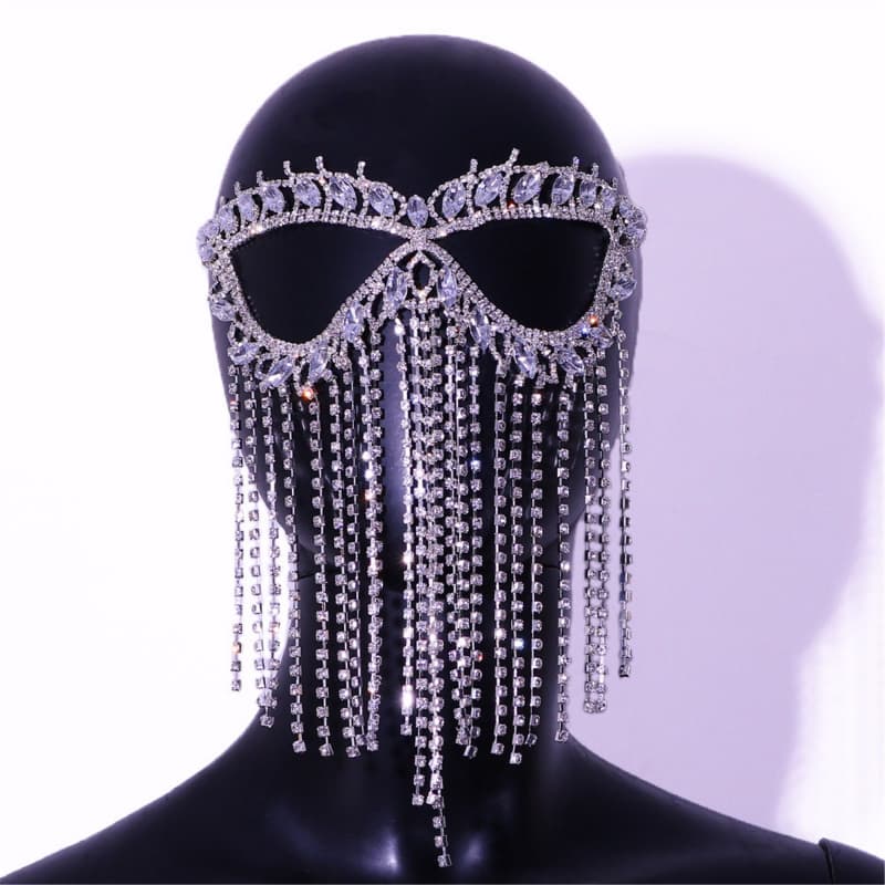 Sexy Rhinestone Face Mask with Tassels - Dance Accessory