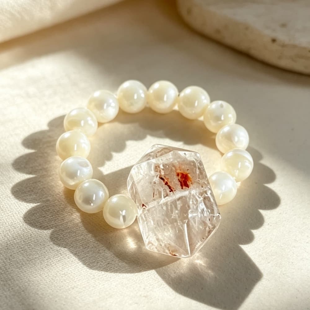 Shell Pearl Crystal Ring with Red Flower Quartz Charm