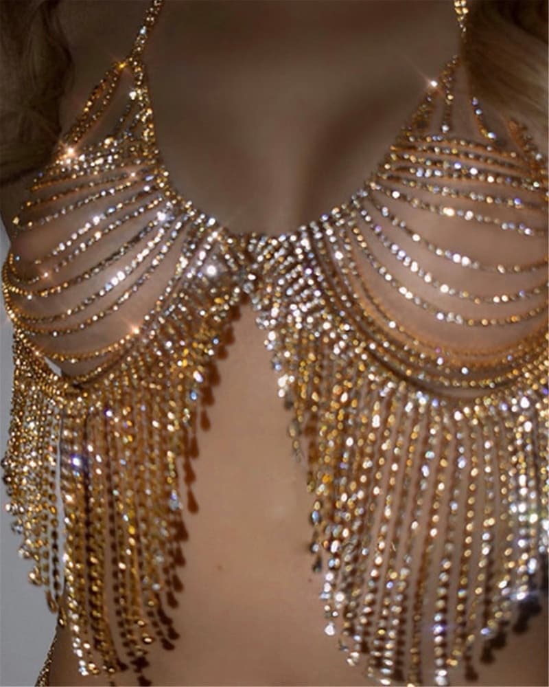 Shiny Rhinestone Bra Set - Bling Body Chain & Tassels