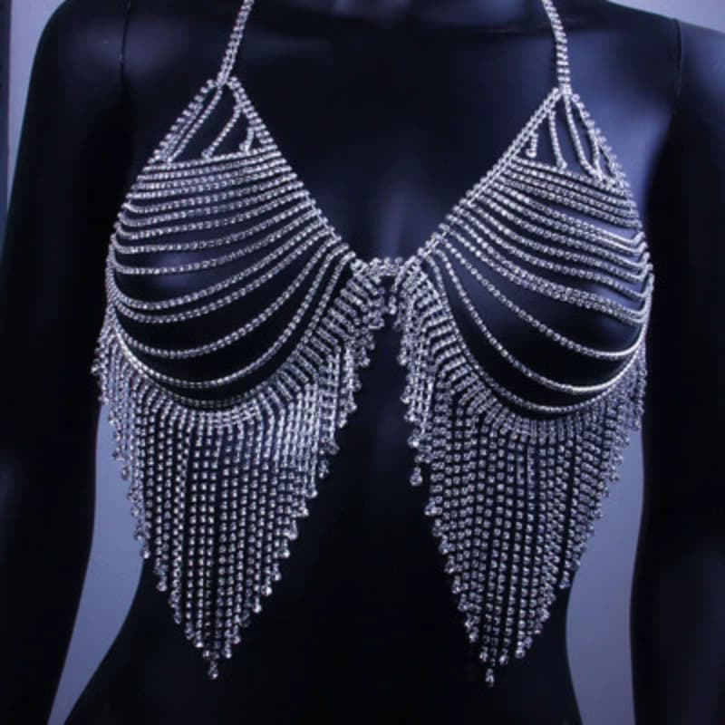 Shiny Rhinestone Bra Set - Bling Body Chain & Tassels