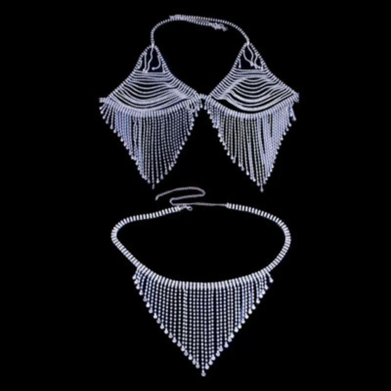 Shiny Rhinestone Bra Set - Bling Body Chain & Tassels