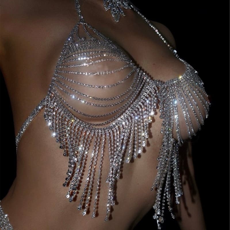 Shiny Rhinestone Bra Set - Bling Body Chain & Tassels