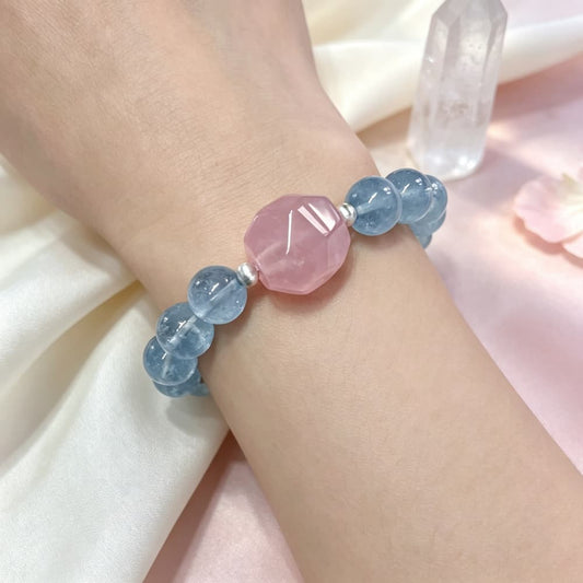 Soft Horizon|Natural Aquamarine & Rose Quartz Bracelet