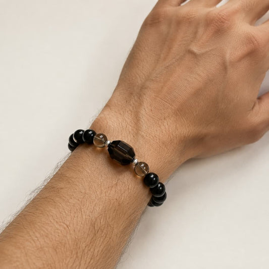 Midnight Resolve|Natural Obsidian, Lapis Lazuli & Smoky Quartz Bracelet