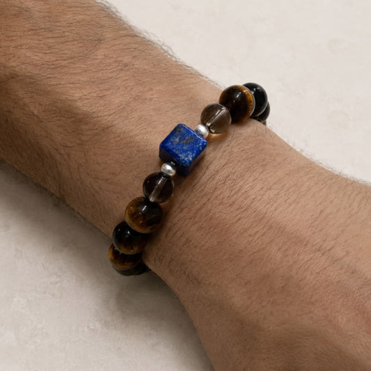 Quiet Resolve|Natural Yellow Tiger’s Eye, Lapis Lazuli & Smoky Quartz Bracelet