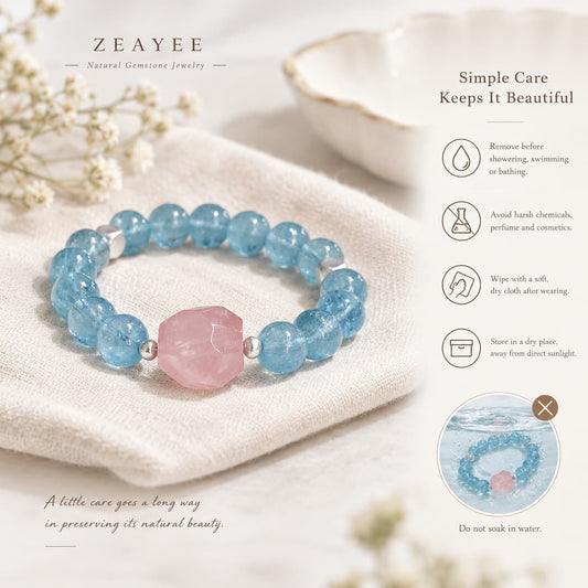 Blue gemstone bracelet with a pink centerpiece and four tips for crystal bracelet care