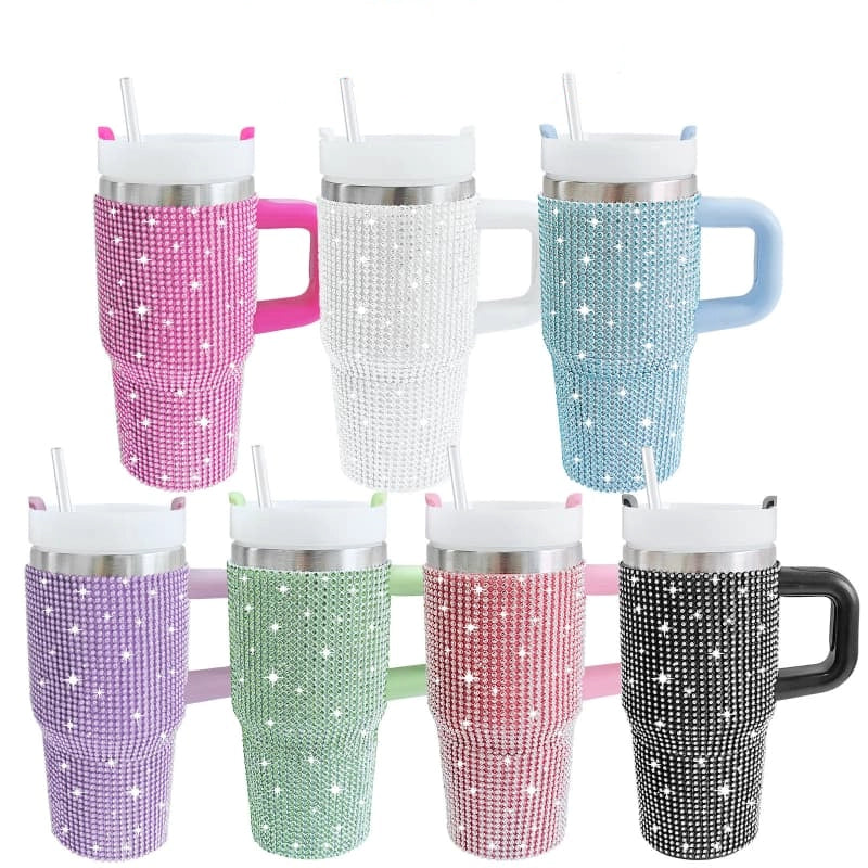 14 Oz Rhinestone Handle Stainless Steel Tumbler Car Cup Insulated Ice Cool Cup