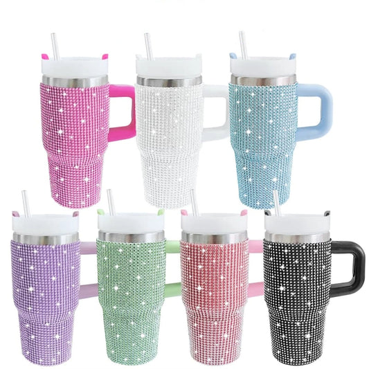 14 Oz Rhinestone Handle Stainless Steel Tumbler Car Cup Insulated Ice Cool Cup