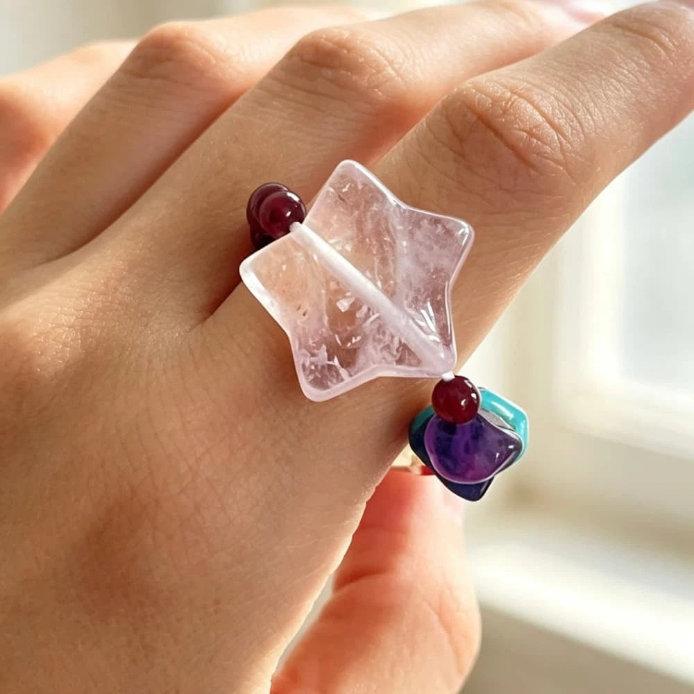 Natural Garnet Crystal Ring with Amethyst Star Charm and Gemstone Beads