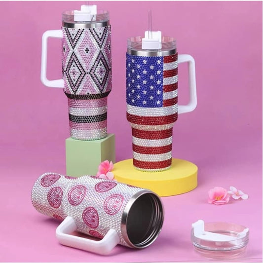 40 Oz Rhinestone Stainless Steel Tumbler with Straw - Double Wall Insulated Cup