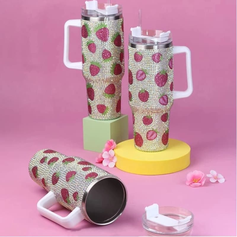 40 Oz Rhinestone Stainless Steel Tumbler with Straw - Double Wall Insulated Cup