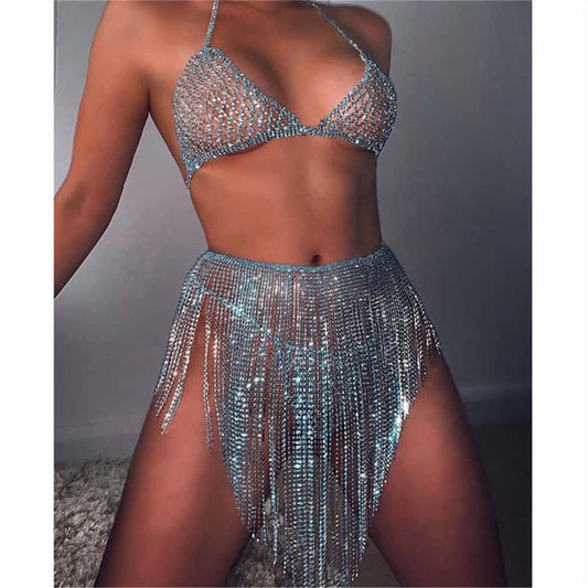 Sparkling Rhinestone Lingerie Set - Blue & Silver Bra & Panties