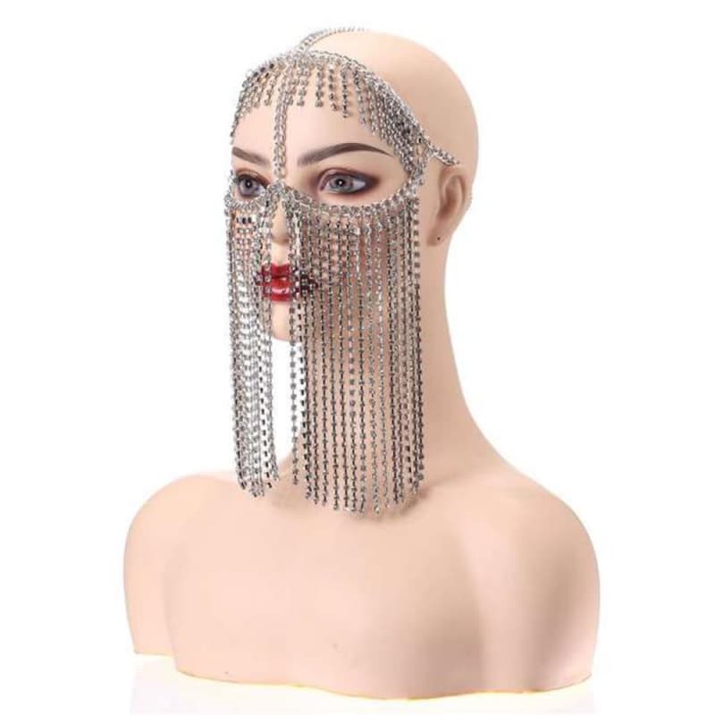 Rhinestone Fringe Mask – Bridal Wedding Veil with Crystal Hair Chain