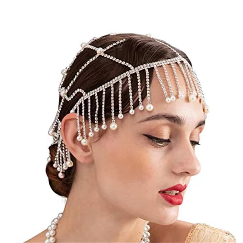 Sparkling Rhinestone Pearl Bridal Hair Chain with Tassels