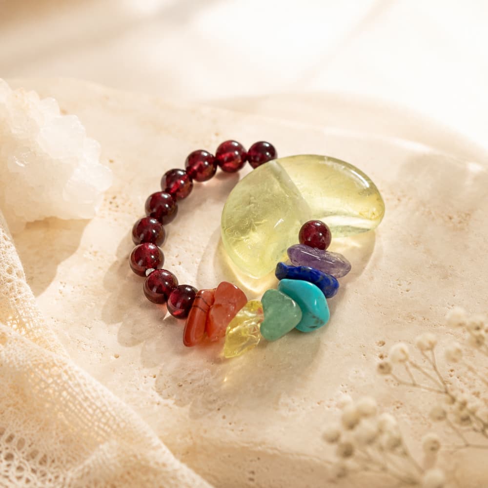 Natural Garnet Crystal Ring with Moon Charm and Colorful Gemstones