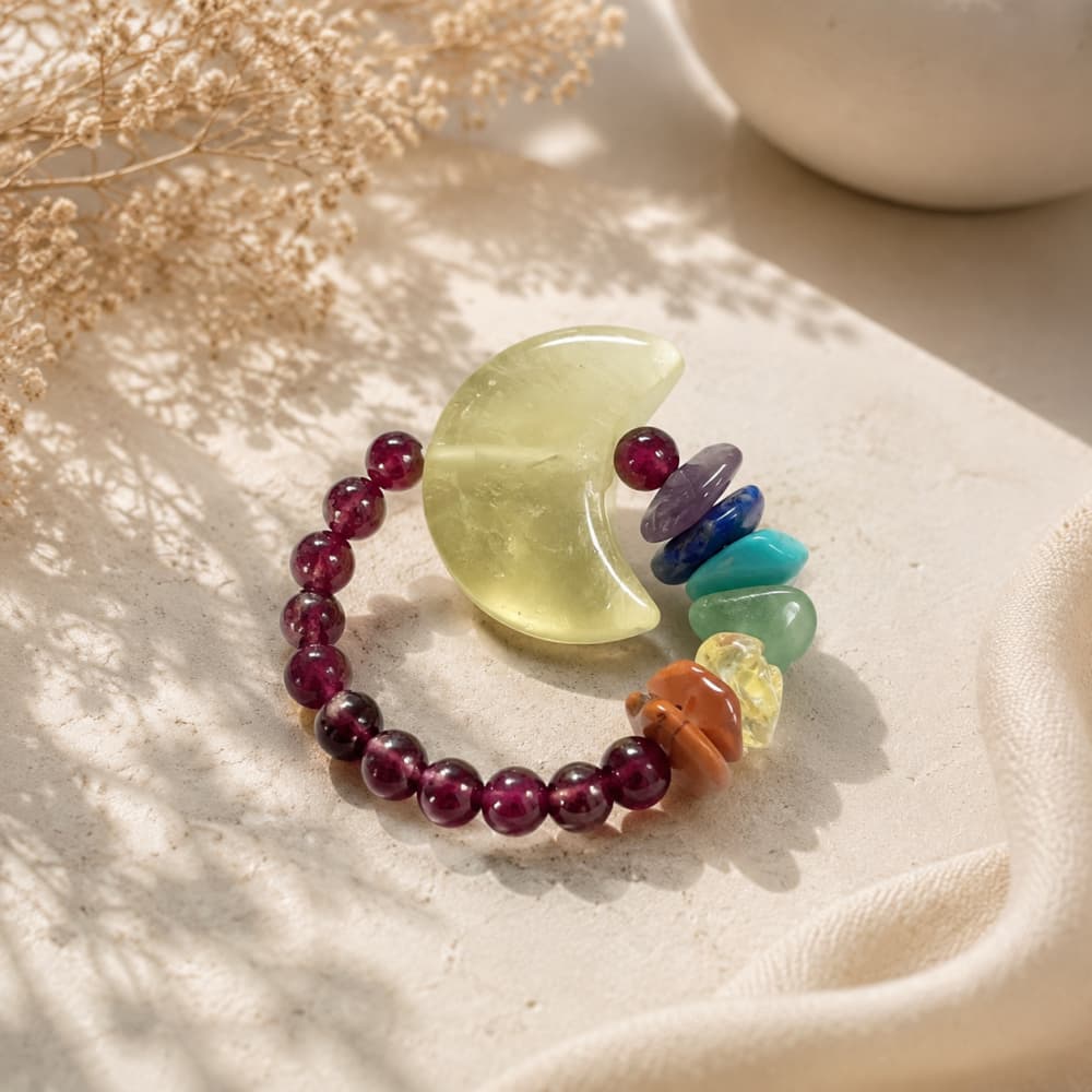Natural Garnet Crystal Ring with Moon Charm and Colorful Gemstones