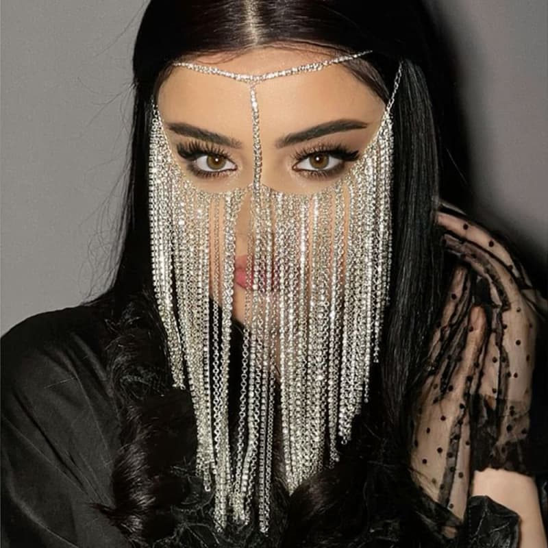 Sparkling Rhinestone Fringe Mask – Elegant Face Jewelry for Women Stage