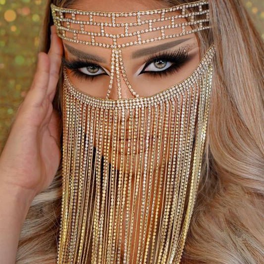 Rhinestone Masquerade Mask with Fringe – Elegant Lace Veil Headdress for Women
