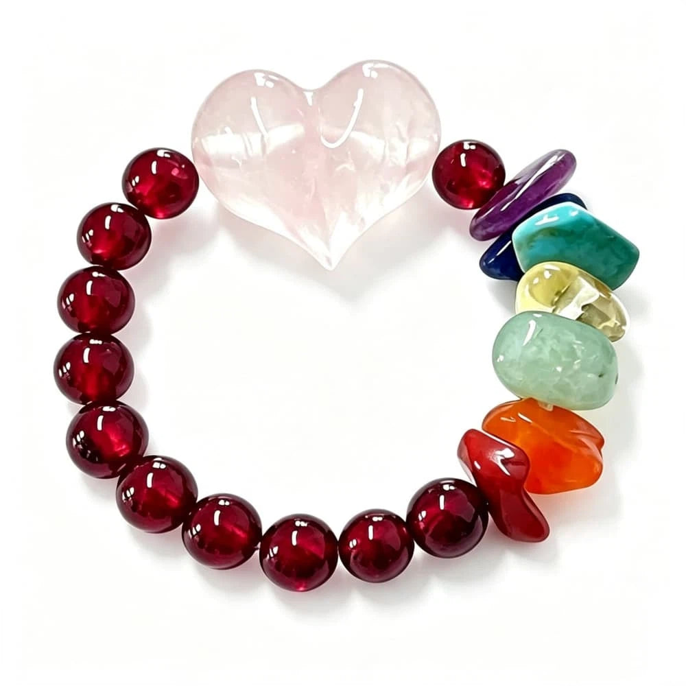 Natural Garnet Heart Rose Quartz Crystal Ring with Gemstone Accents
