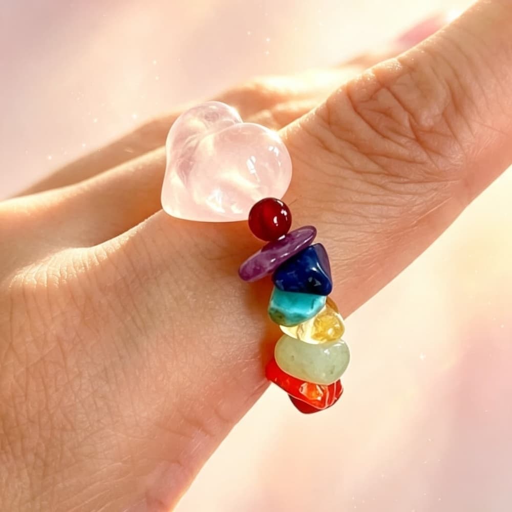 Natural Garnet Heart Rose Quartz Crystal Ring with Gemstone Accents