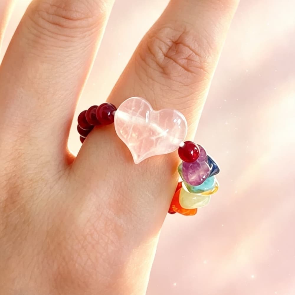Natural Garnet Heart Rose Quartz Crystal Ring with Gemstone Accents