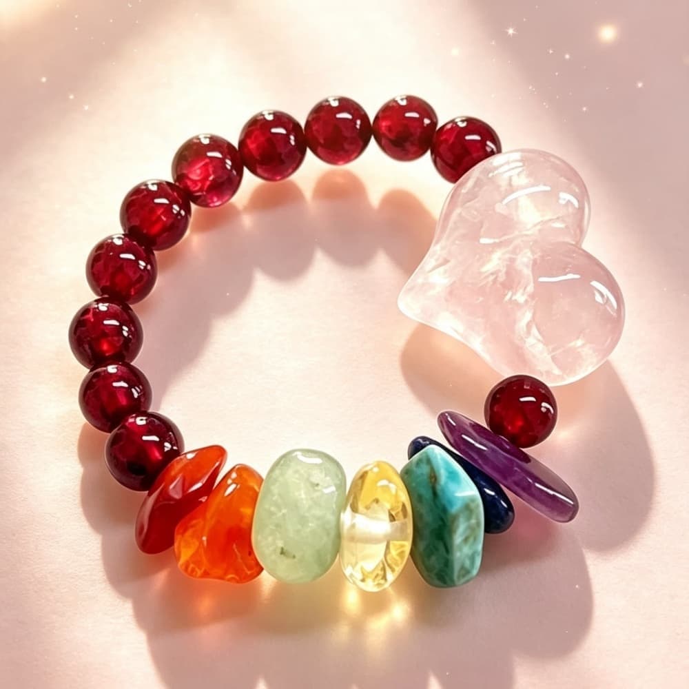 Natural Garnet Heart Rose Quartz Crystal Ring with Gemstone Accents