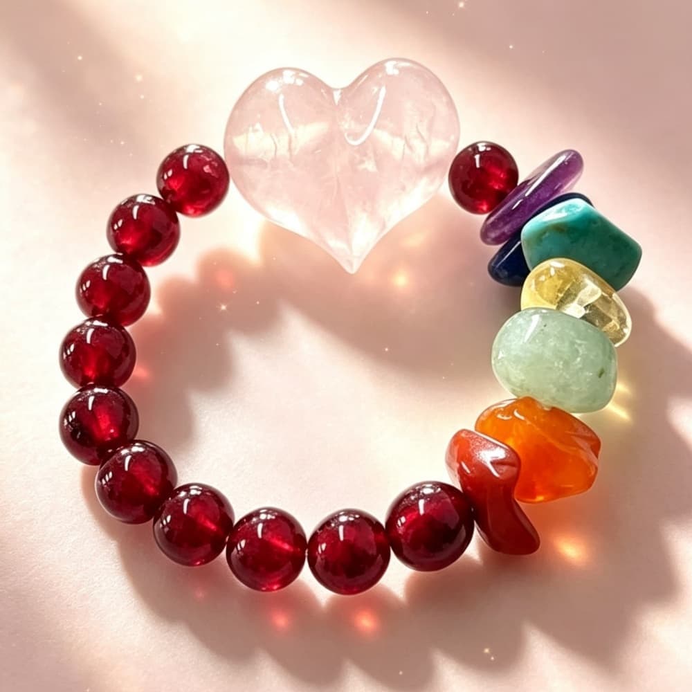 Natural Garnet Heart Rose Quartz Crystal Ring with Gemstone Accents