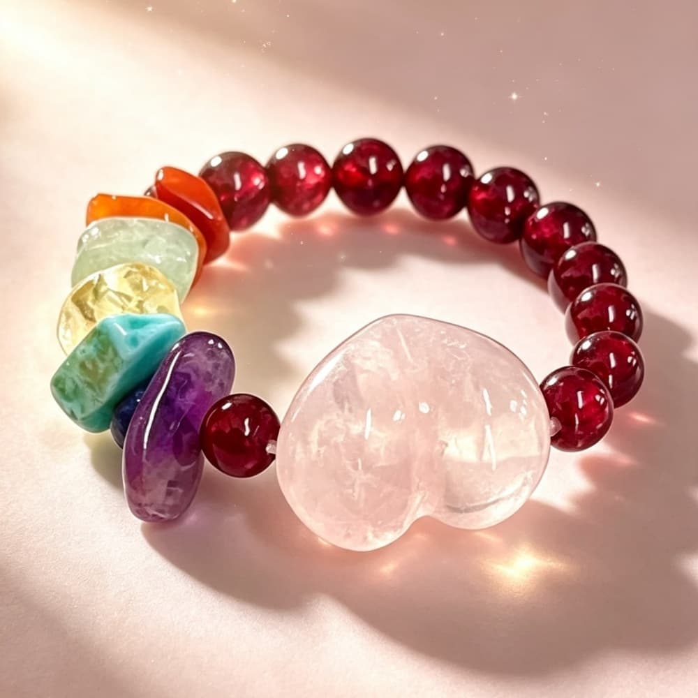Natural Garnet Heart Rose Quartz Crystal Ring with Gemstone Accents