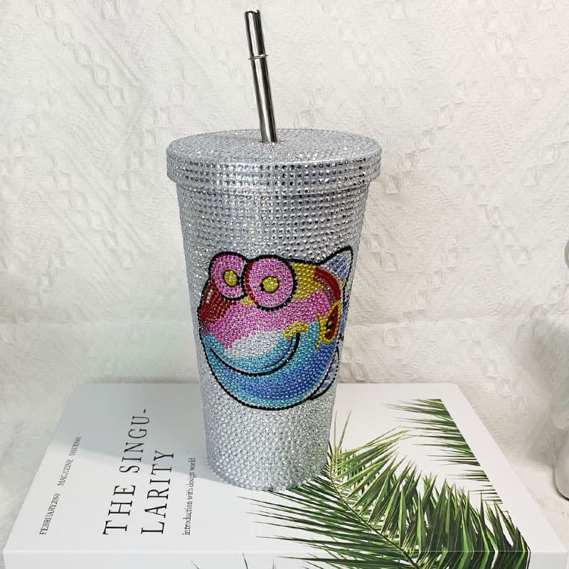 500ml Full Rhinestone Stainless Steel Straw Cup - 304 Insulated Gift Tumbler