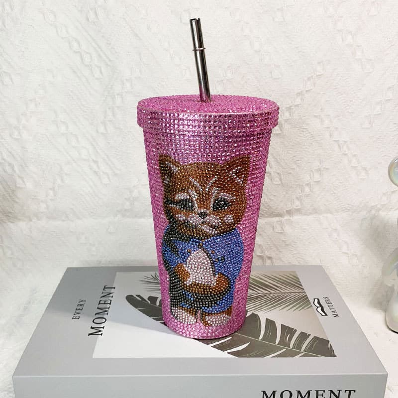500ml Full Rhinestone Stainless Steel Straw Cup - 304 Insulated Gift Tumbler