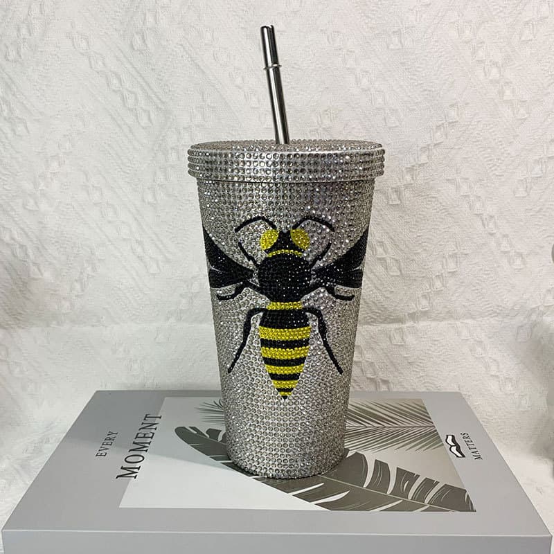 500ml Full Rhinestone Stainless Steel Straw Cup - 304 Insulated Gift Tumbler