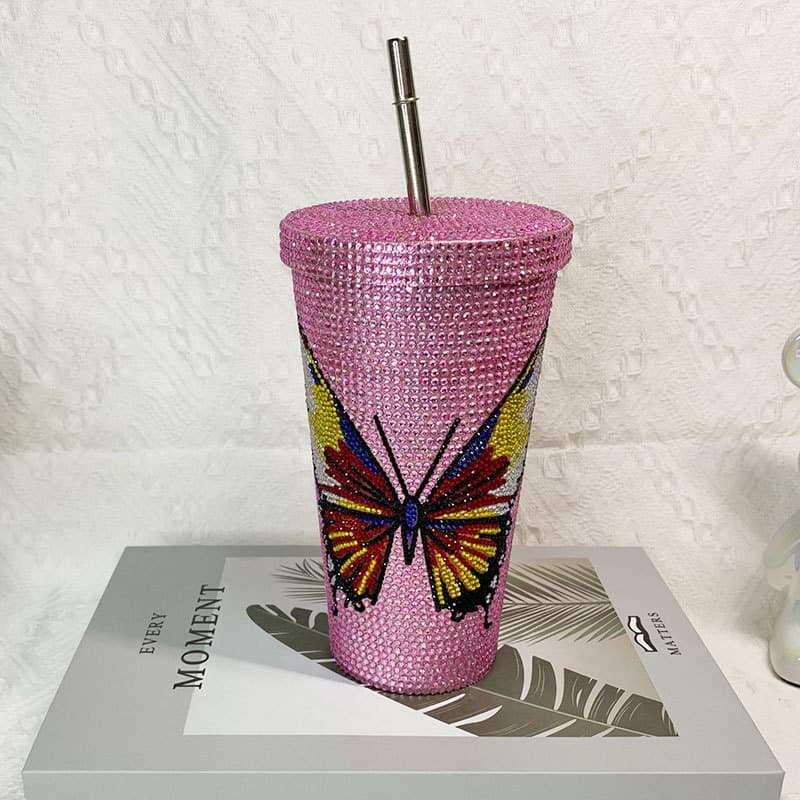 500ml Full Rhinestone Stainless Steel Straw Cup - 304 Insulated Gift Tumbler
