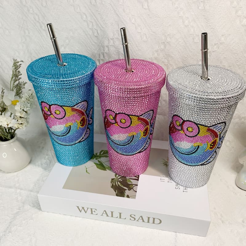 500ml Full Rhinestone Stainless Steel Straw Cup - 304 Insulated Gift Tumbler