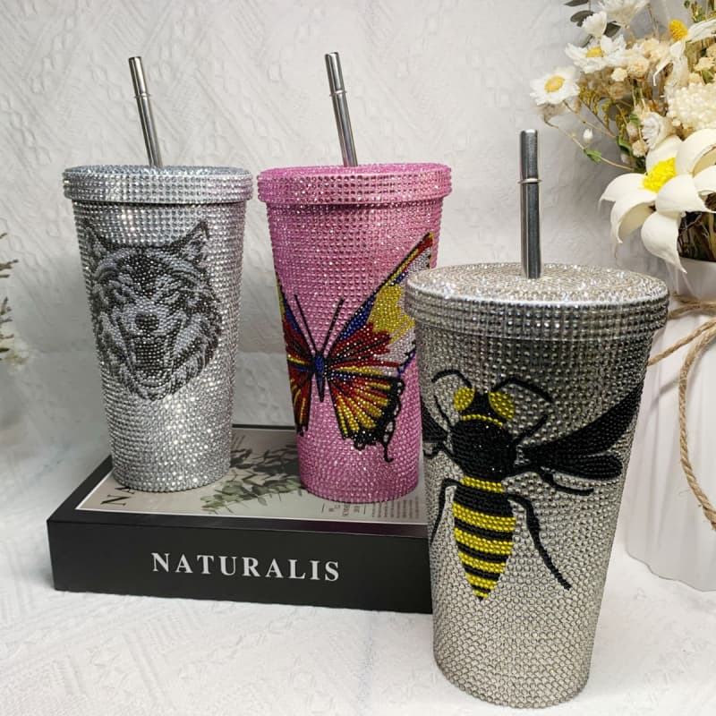 500ml Full Rhinestone Stainless Steel Straw Cup - 304 Insulated Gift Tumbler