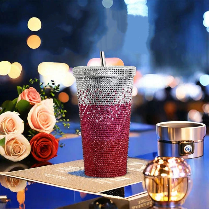 500ml Full Rhinestone Stainless Steel Straw Cup - 304 Insulated Gift Tumbler