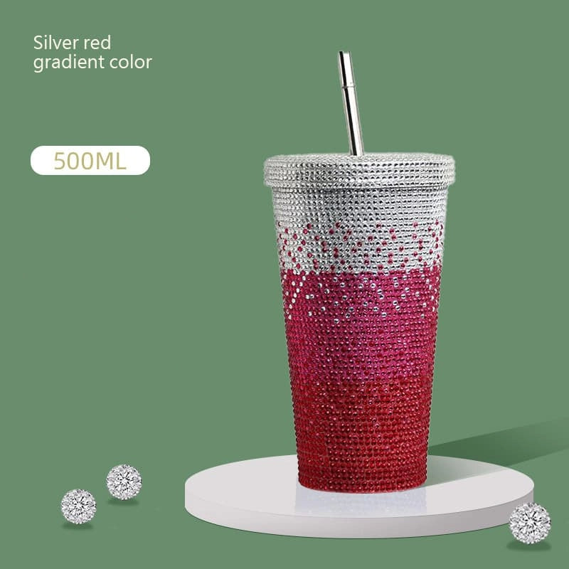 500ml Full Rhinestone Stainless Steel Straw Cup - 304 Insulated Gift Tumbler