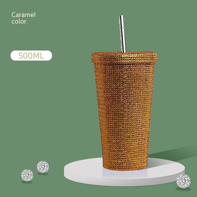 500ml Full Rhinestone Stainless Steel Straw Cup - 304 Insulated Gift Tumbler