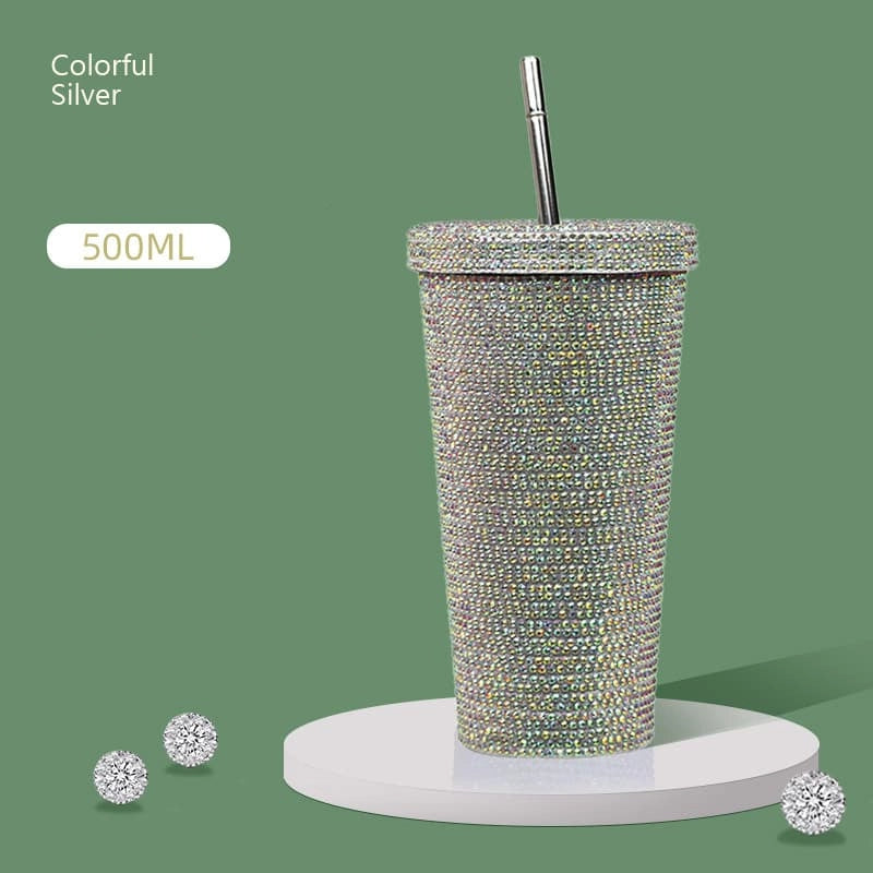500ml Full Rhinestone Stainless Steel Straw Cup - 304 Insulated Gift Tumbler