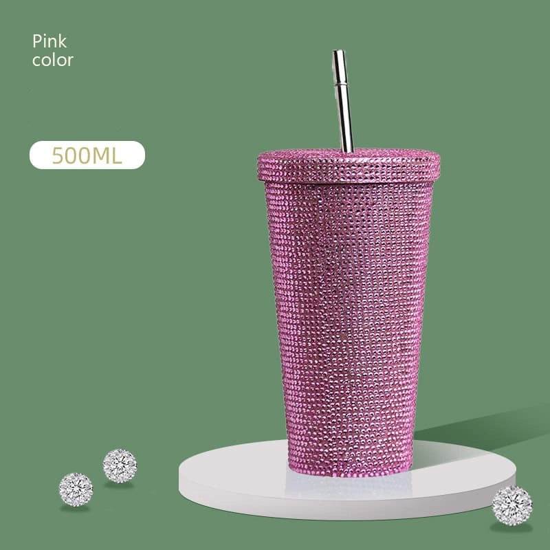 500ml Full Rhinestone Stainless Steel Straw Cup - 304 Insulated Gift Tumbler