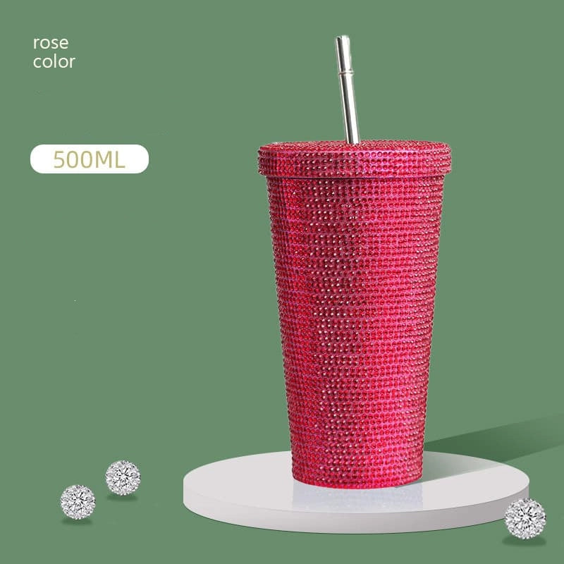 500ml Full Rhinestone Stainless Steel Straw Cup - 304 Insulated Gift Tumbler