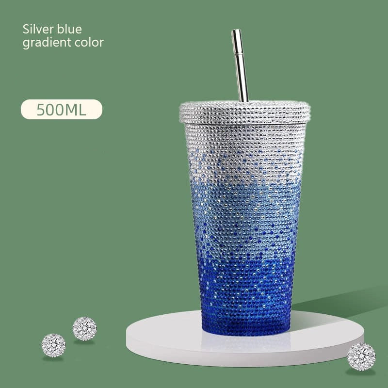 500ml Full Rhinestone Stainless Steel Straw Cup - 304 Insulated Gift Tumbler