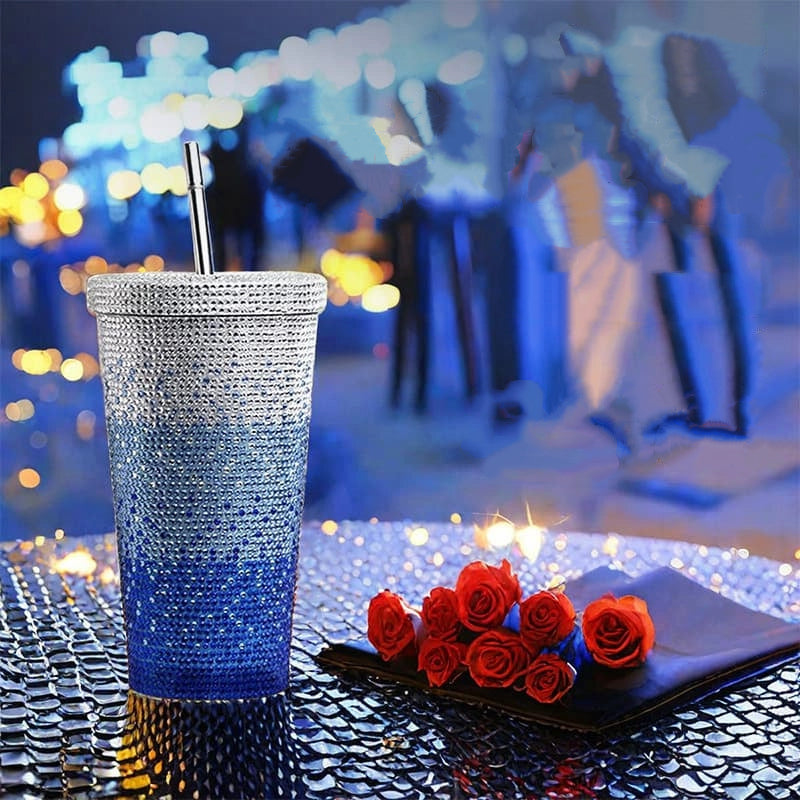 500ml Full Rhinestone Stainless Steel Straw Cup - 304 Insulated Gift Tumbler